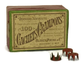 Envelope Seal Push Pin Tacks. Antique French Office Supplies. Box set of Cachets Crampons by Blanzy Poure Gilbert.