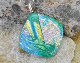 Green Square Fused Glass Pendant, Dichroic Fused Glass Pendant, Mint Green Glass Pendant, Green Glass Necklace, Summer Jewelry