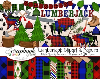 LUMBERJACK Clipart and Papers Kit, 38 png Clip Arts, 21 jpeg Papers Instant Download camping axe saw forest stump deer bison buffalo moose