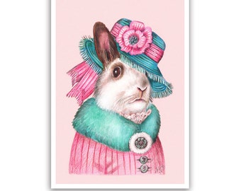 Lady Rabbit Art Print - Lovely Pet Rabbit Wall Art, Baby Room Decor - Pets in Pink Art - Whimsical Animal Portraits by Maria Pishvanova