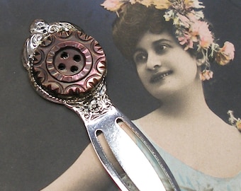 Pearl BUTTON bookmark, Victorian carved mother-of-pearl on silver. Present, gift, stocking stuffer.
