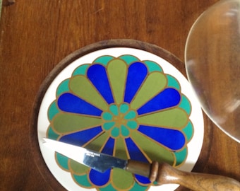 Mid Century Turquoise / Cobalt / Green Ceramic & Wood Cheese Tray, Vintage Cheese Board, Mad Men Serving Tray