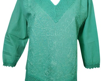 Bohemian Womens Peasant Blouse Top Green Lace Work Embroidered Cotton Comfy Summer Tops M