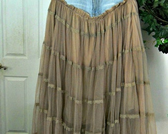 Seven for All Mankind bohemian ballroom jean skirt taupe tulle vintage lace tiered ruffled Renaissance Denim Couture belle bohémienne