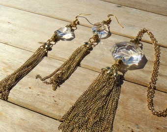 Gold Tassel Chain Necklace Set // Vintage Octagon Crystal Prism Jewelry Set // Gold Crystal Tassel Earrings