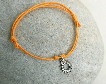 Sun Bracelet, Sun Anklet (gold or silver charm and many cord color to choose)