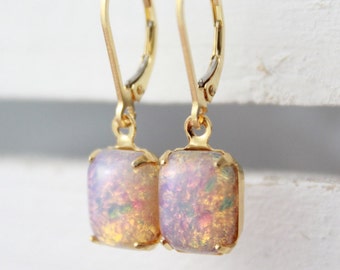Opal Earrings, Vintage Fire Opal Earrings, October Birthstone Earrings, Womens Gift, Harlequin Opal Earrings, Glass Opal Earrings