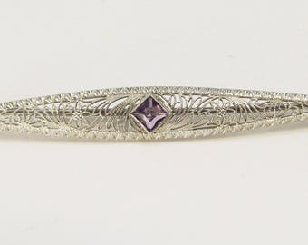 White Gold Filigree and Amethyst Bar-pin
