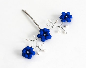 82_Pearls pins, Hair pin, Bridal hair pins, Something blue hair pin, Bridal flower hair pins, Wedding hair pins, Dark blue hair accessories.