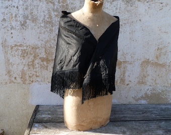 Vintage Antique Victorian 1890s French scarf shawl black silk and fringes
