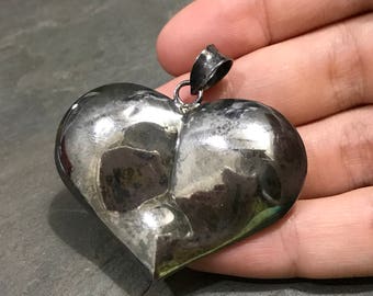 Vintage sterling silver handmade pendant, 3D heart shaped Mexican 925 silver pendant, stamped 925 Mexico, dented on the back