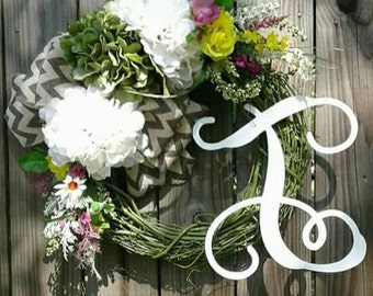 Free Shipping, Hydrangea Grapevine Wreath, Grapevine, Chic Wreath, Silk Floral Wreath, Monogram, Initial