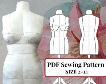 Instant Download! PDF Sewing Pattern DIY Dress Form Mannequin and Sewing Instructions. Sizes 2,4,6,8,10,12,14(Bra Cups A,B,C,D,DD/E)