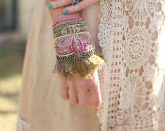 embroidered cuff bracelet, beaded gyspy cuff, vintage festival embroidered cuff, fiber art textile bracelet, vintage sari indian cuff