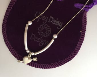 Heart necklace in sterling silver, cupids arrow pendant, heart and arrow necklace
