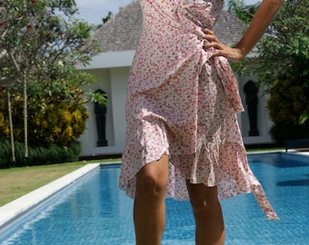 SALE! Wrap belted short dress/Wrap frill short Dress/Bohemian wrap dress/Summer wrap frill dress * LOUISE Short DRESS