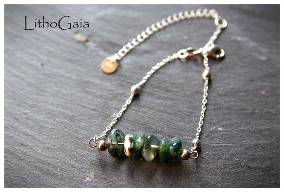 Moss Agate Bar Bracelet on Sterling Silver 925, gifts for her, bracelet jewelry, gemstone bracelet, womens bracelet