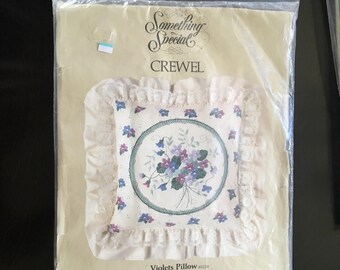 1980s Something Special CREWEL PILLOW KIT - Violets Pillow - 14" X 14" plus Ruffle - Unopened Kit contains everything you need!