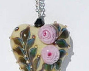 Needle Threader - Necklace - 35" - Pink Rose - Floral Heart - Glass - Lampork - Cross Stitching - Embroidery - Sewing - Quilting