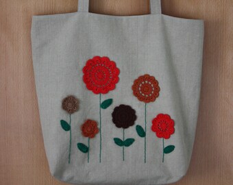 Crochet Flowers Linen Tote Bag