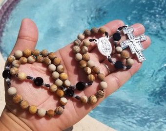 Prayer of St. Francis Rosary~Earthtones Matte Jasper featuring San Damiano Crucifix and St. Antjony of Padua centerpiece.