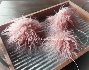 Crinkled Blush Faux Fur Pom Pom Pink Hat Topper 4 Beanie Toque Backpack Keychain Purse Fob Charm Vegan Fake Plush Long Pile Fur Craft Supply