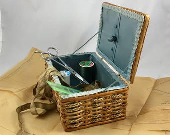 Vintage Sewing Basket Brown And Tan Weaved Wicker With Blue Satin Lining Crafting Basket Sewing Supplies