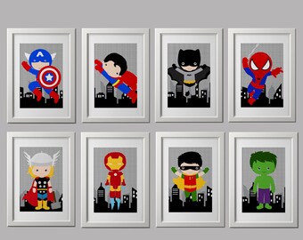 superhero nursery prints, superhero bedroom prints, superhero wall decor, set of 8, shipped to your door, Super hero wall art PRINTS