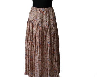 Vintage Beige Floral Pink Accordion Long Skirt Large Size Made in England