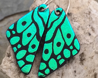 Gorgeous GREEN Butterfly Wings Hand Etched Dichroic Glass with Sterling Silver Hooks
