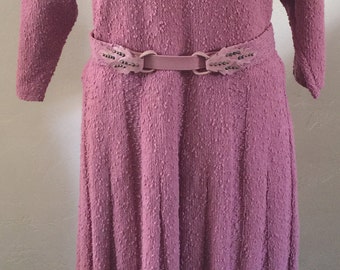 Vintage Handmade 1940's Belted Knit Dress Dusty Rose Bat Sleeves.