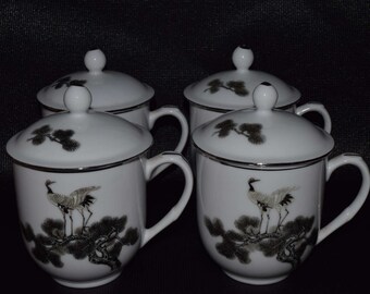 Asian Red-Crowned Crane Lidded Ceramic Mugs