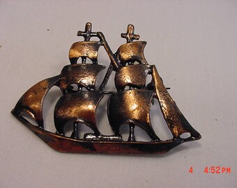 Vintage Coppercraft Guild Copper Gems Tall Ship Brooch 17 - 757