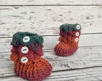 0-6 Month Baby Booties, Rainbow Slipper Boots, Crochet Crocodile Rainbow Boots, Ready To Ship