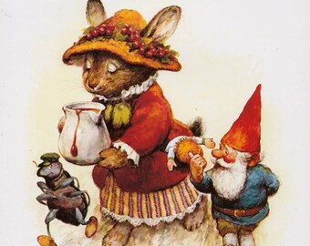 Vintage art print 80s. David the gnome going to a party. By Rien Poortvliet.