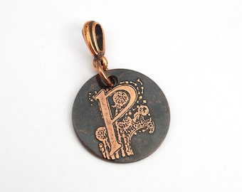 Small round P pendant, round etched copper letter jewelry, optional necklace, 22mm