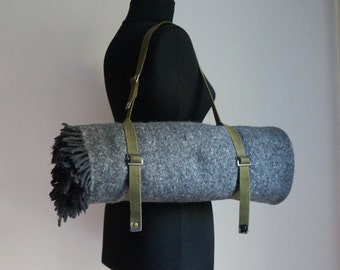 Vegan khaki carrier for picnic blanket, yoga mat, made of repurposed vintage military cotton canvas straps, hiking, camping accessories
