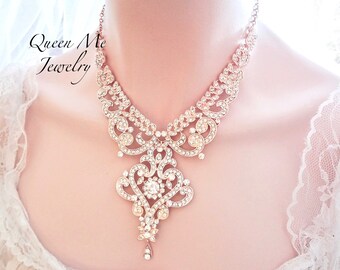 Rose gold bib statement necklace Rose gold crystal necklace Statement Wedding necklace Brides necklace Rose gold crystal necklace MIA