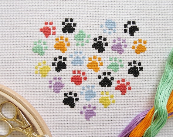 Animal paws cross stitch pattern modern dog and cat design