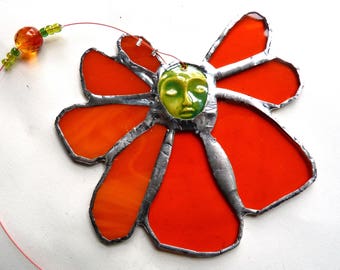 Stained Glass Flower Suncatcher Sunflower with Ceramic Face Cab Centerpiece - Eclipse