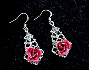Vintage Enamel Rose Earrings, Reclaimed Assemblage, Silver Pierced Filigree Hook, Red Rose, Enamel Flower Jennifer Jones, OOAK - Lady Rose