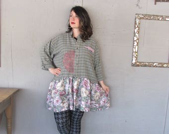 Sale Bohemian tunic dress upcycled clothing lagenlook shirt jacket 1 X - 3 X Boho wearable art loose fit plus size LillieNoraDryGoods