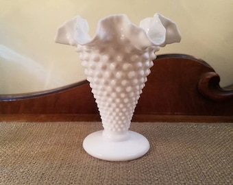 Vintage Fenton 5 3/4" Milk Glass Hobnail Trumpet Vase - Pre 1970 - Milk Glass Hobnail Ruffled Vase