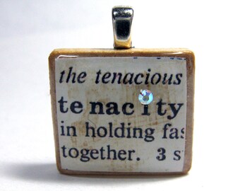 Tenacity - vintage dictionary Scrabble tile pendant with Swarovski crystal