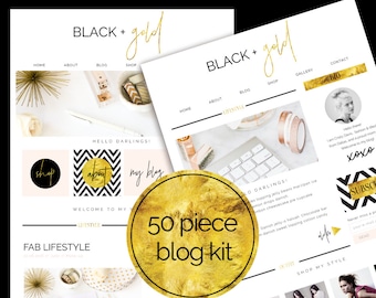 50 Piece Web / Blog Kit / Branding Kit / Blogger Kit / Social Buttons / Homepage Tabs / Black & Gold / Blog Design Kit / Blog Graphics