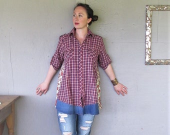 upcycled clothing plaid patchwork tunic spring Romantic shirt dress wearable art X L Boho Bohemian recycled reclaimed LillieNoraDryGoods
