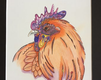 Colored rooster zentangle rooster hand drawn original art chicken art colored chicken rooster wall art chicken wall decor
