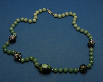 Vintage Chinese Export Jade And Cloisonne Bead Gold Filled Necklace