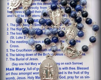 Seven Sorrows of Mary Chaplet, blue gemstone beads, silver medals