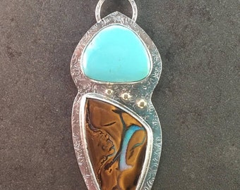 25% Off Turquoise Koroit Opal Cabochon 14kt Gold Sterling Silver Metalwork Necklace Pendant